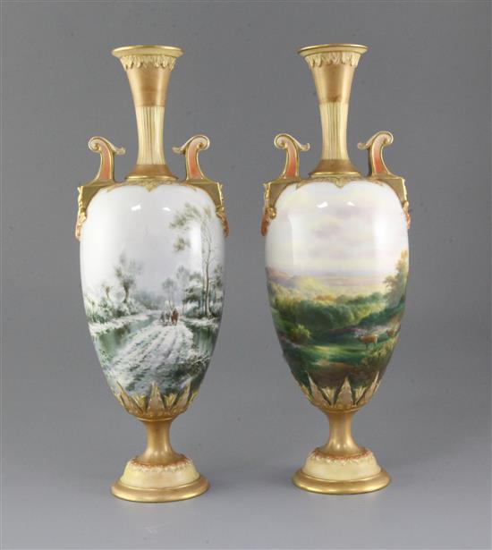Harry Davis for Royal Worcester. A rare pair of Summer and Winter vases, height 33.5cm